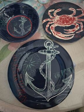 Nautical Anchor and Crab Dinner Plate Set - 12 Pc Navy Blue